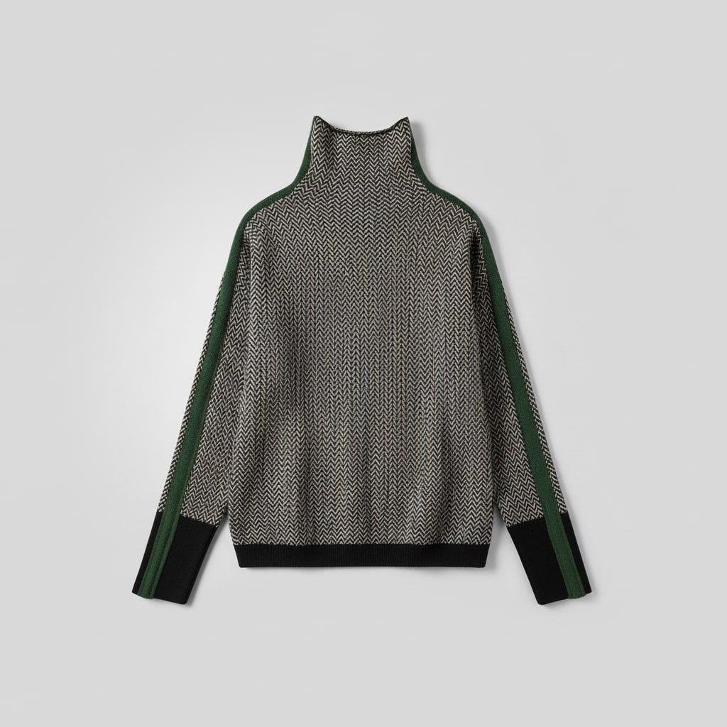 Men's turtleneck sweater featuring a high collar, contrasting stripes, and made from a soft cotton-acrylic blend, perfect for stylish layering in 3