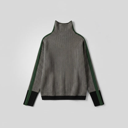 Men's turtleneck sweater featuring a high collar, contrasting stripes, and made from a soft cotton-acrylic blend, perfect for stylish layering in 3