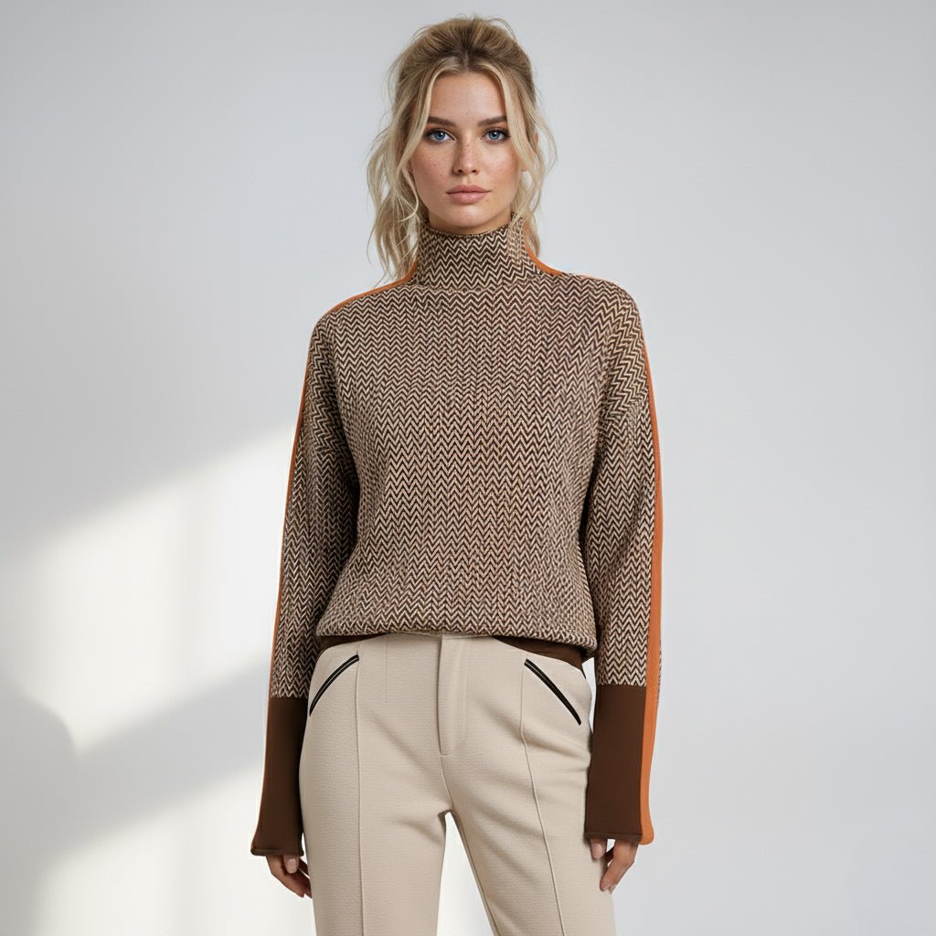 Men's turtleneck sweater featuring a high collar, contrasting stripes, and made from a soft cotton-acrylic blend, perfect for stylish layering in 4