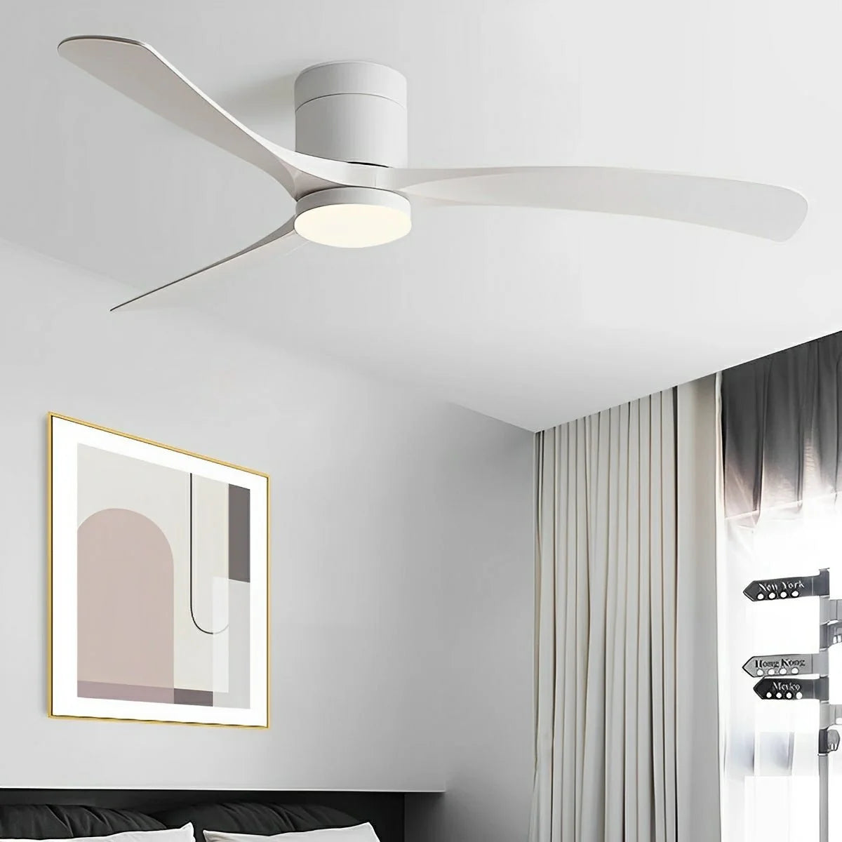Modern ceiling fan featuring a sleek flush mount design, integrated LED light, and 6-speed reversible motor for whisper-quiet operation, perfect for enhancing home 1