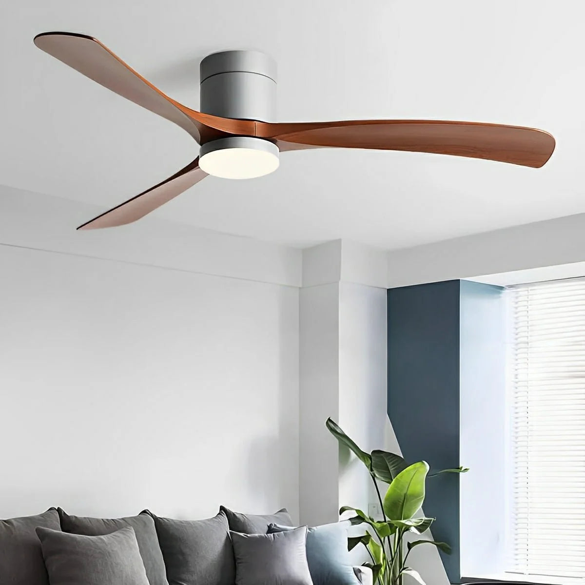 Modern ceiling fan featuring a sleek flush mount design, integrated LED light, and 6-speed reversible motor for whisper-quiet operation, perfect for enhancing home 4