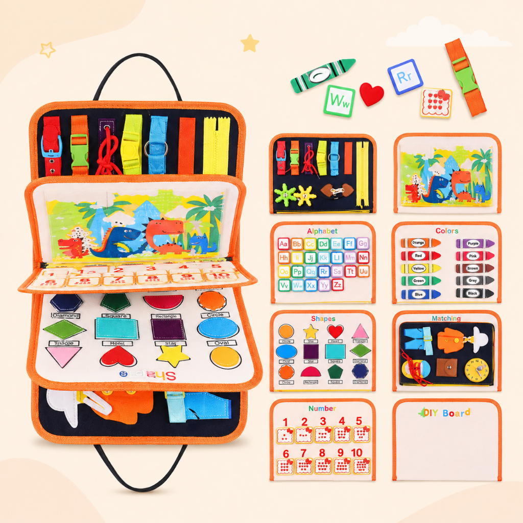 Montessori Busy Board for Toddlers in Blue and Pink featuring interactive sensory activities with zips, buckles, and various textures for engaging play and 0