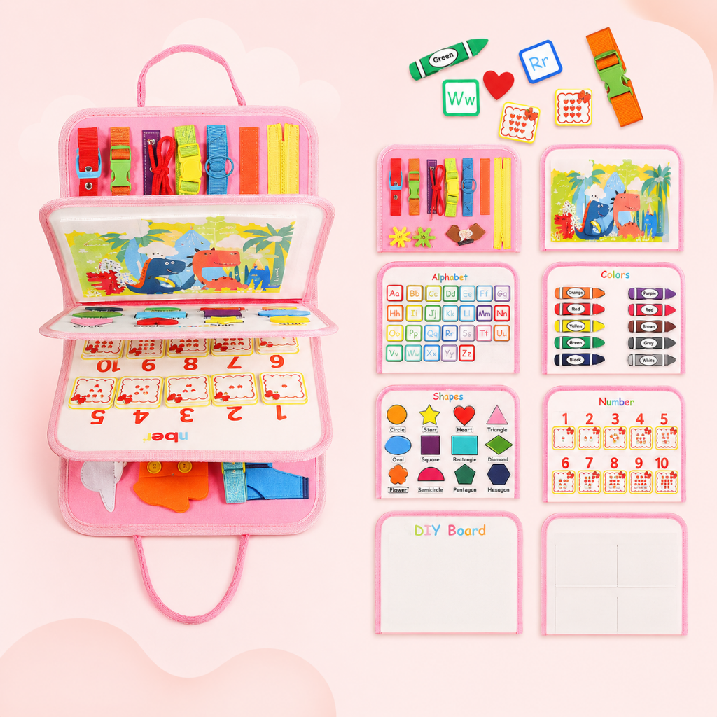 Montessori Busy Board for Toddlers in Blue and Pink featuring interactive sensory activities with zips, buckles, and various textures for engaging play and 1