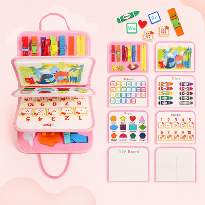 Montessori Busy Board for Toddlers in Blue and Pink featuring interactive sensory activities with zips, buckles, and various textures for engaging play and 1