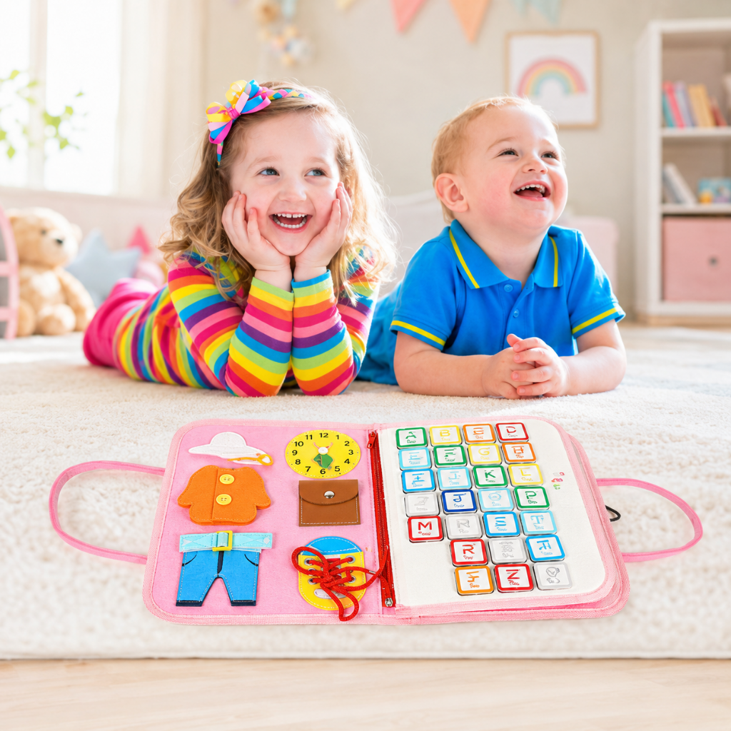 Montessori Busy Board for Toddlers in Blue and Pink featuring interactive sensory activities with zips, buckles, and various textures for engaging play and 5