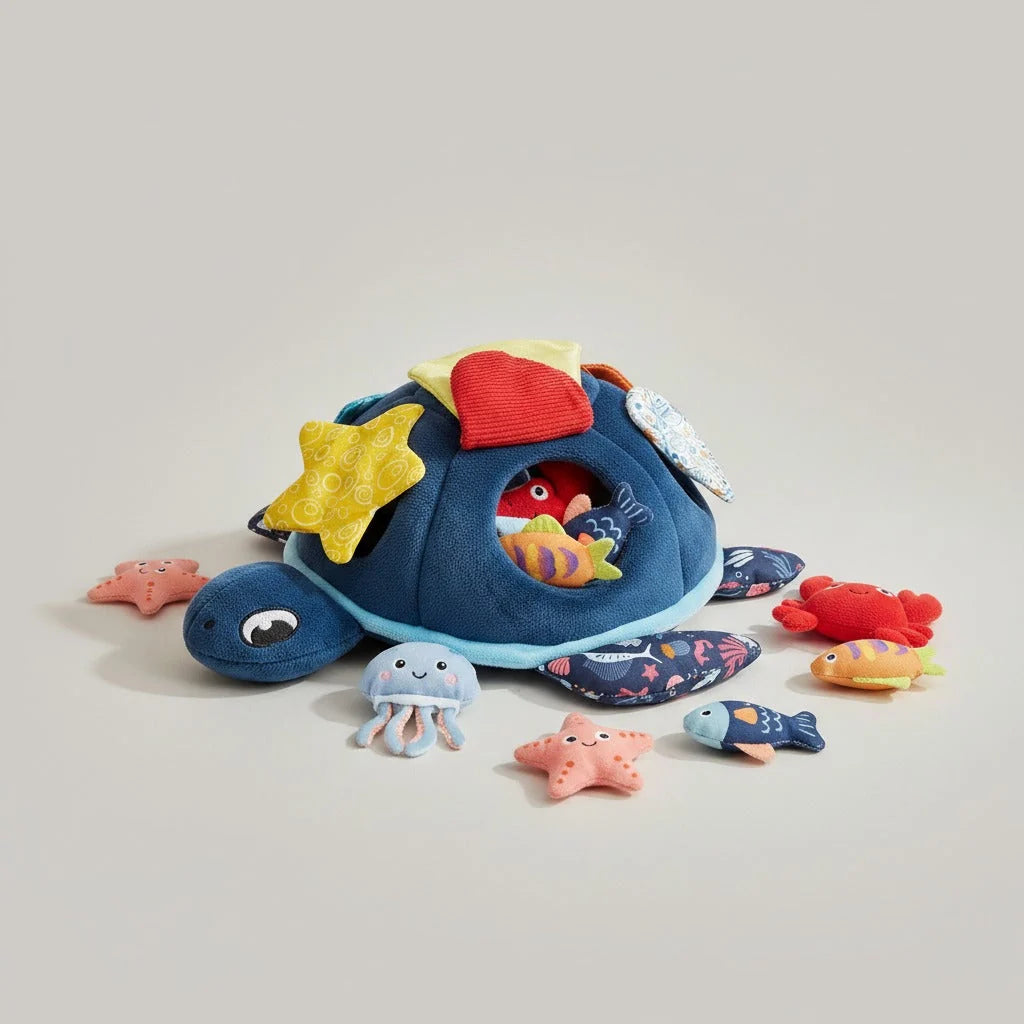 Montessori Sensory Sea Turtle Toy featuring removable soft sea creatures, designed for tactile play and early learning development in children. 0