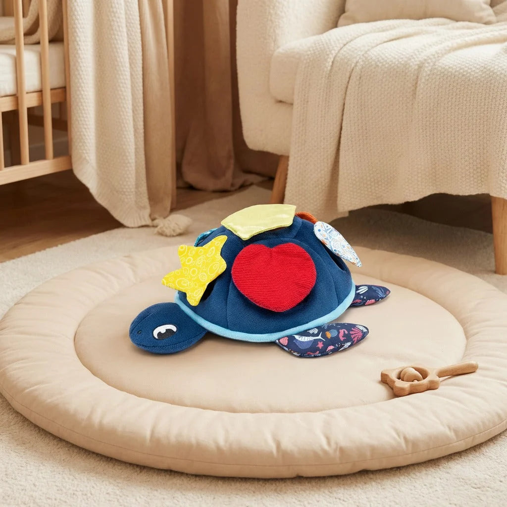 Montessori Sensory Sea Turtle Toy featuring removable soft sea creatures, designed for tactile play and early learning development in children. 1