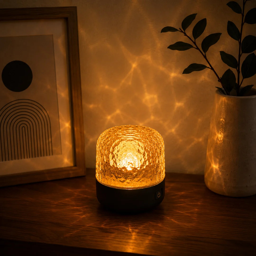 Mood lamp featuring a crystal glass design, equipped with a Bluetooth speaker and adjustable light settings for a customizable ambiance. 3