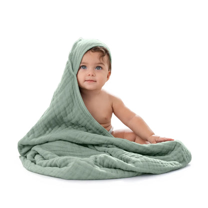 Muslin baby hooded towel set in Pacific blue fern design, made from soft absorbent cotton, perfect for newborns and toddlers, lightweight and cozy 10