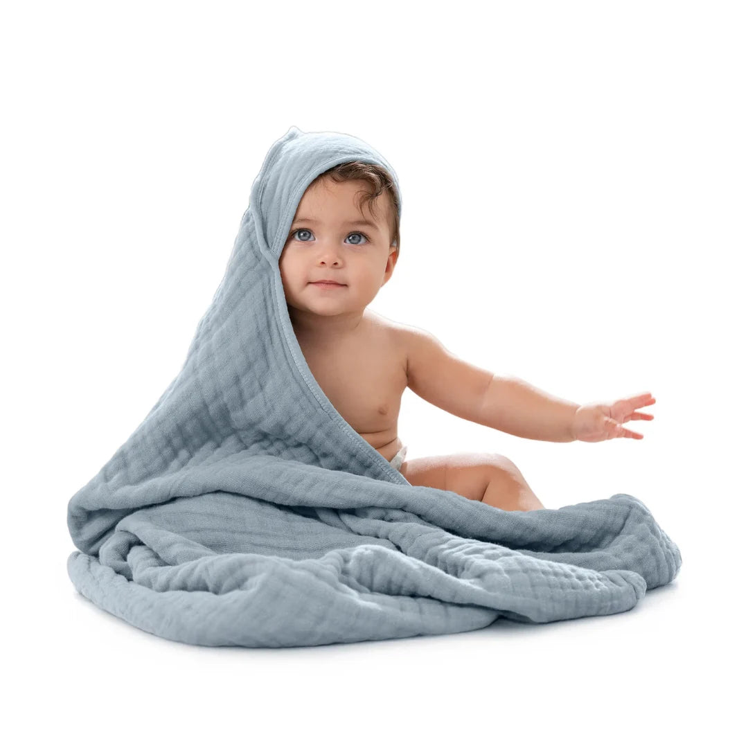 Muslin baby hooded towel set in Pacific blue fern design, made from soft absorbent cotton, perfect for newborns and toddlers, lightweight and cozy 14