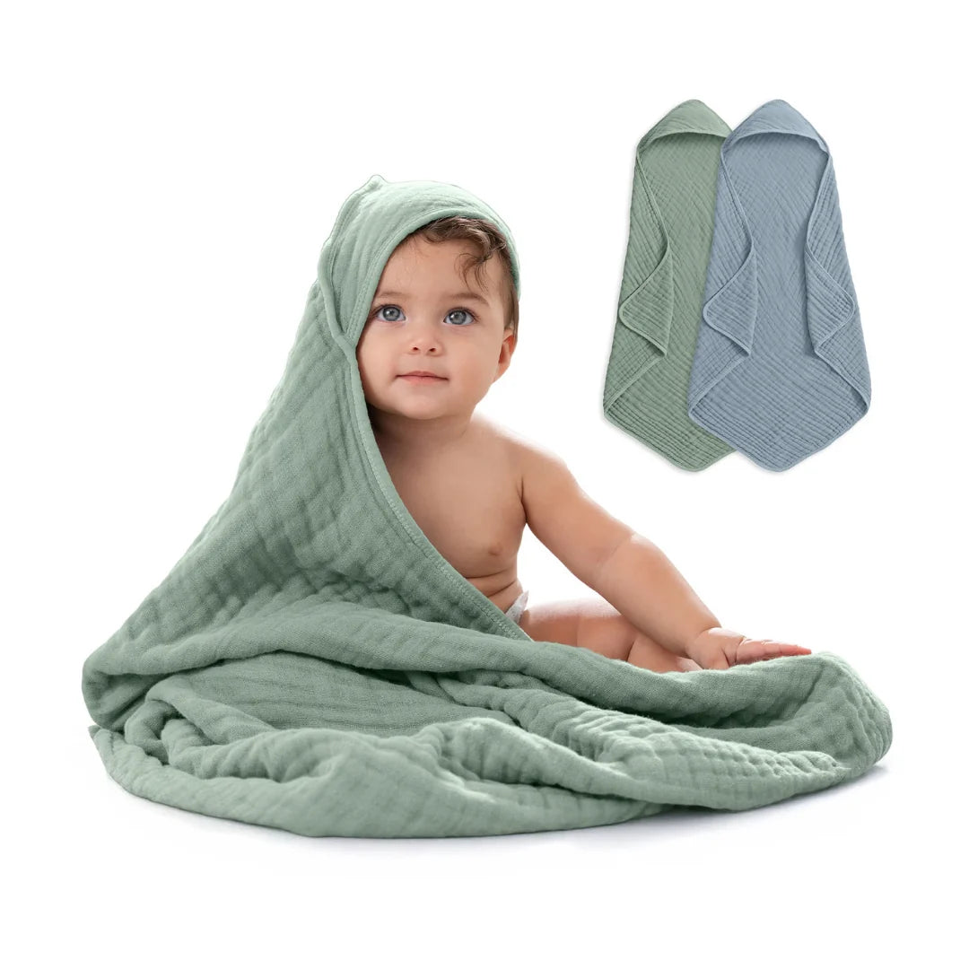 Muslin baby hooded towel set in Pacific blue fern design, made from soft absorbent cotton, perfect for newborns and toddlers, lightweight and cozy 20