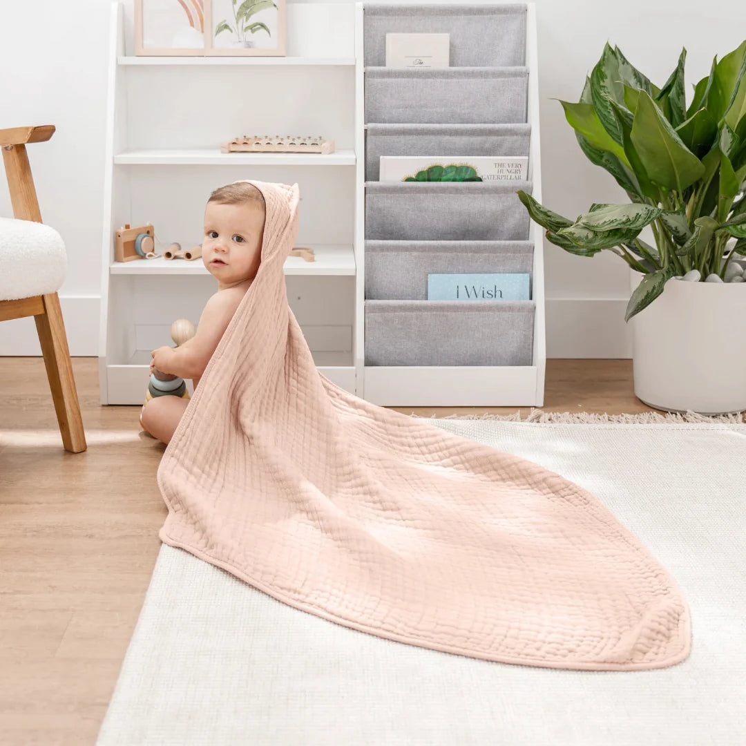 Muslin baby hooded towel set in Pacific blue fern design, made from soft absorbent cotton, perfect for newborns and toddlers, lightweight and cozy 5