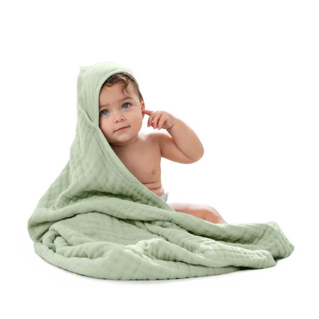 Muslin baby hooded towel set in Pacific blue fern design, made from soft absorbent cotton, perfect for newborns and toddlers, lightweight and cozy 8