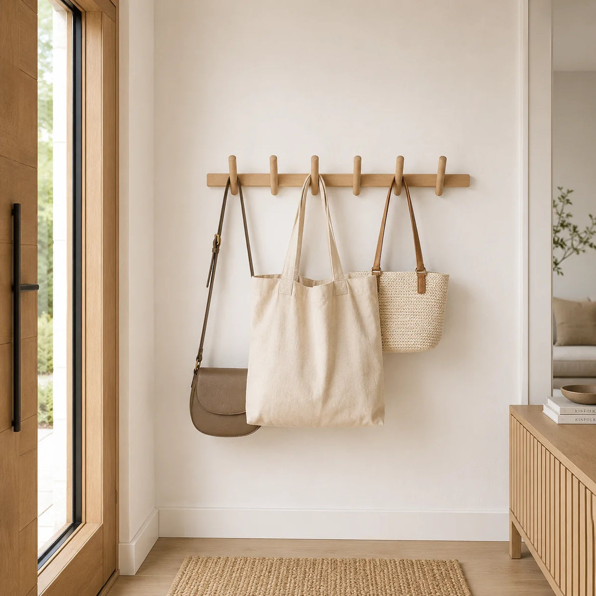Scandinavian minimalist oak wood wall storage rack with multiple hooks, perfect for organizing keys and small items in a stylish way. 0