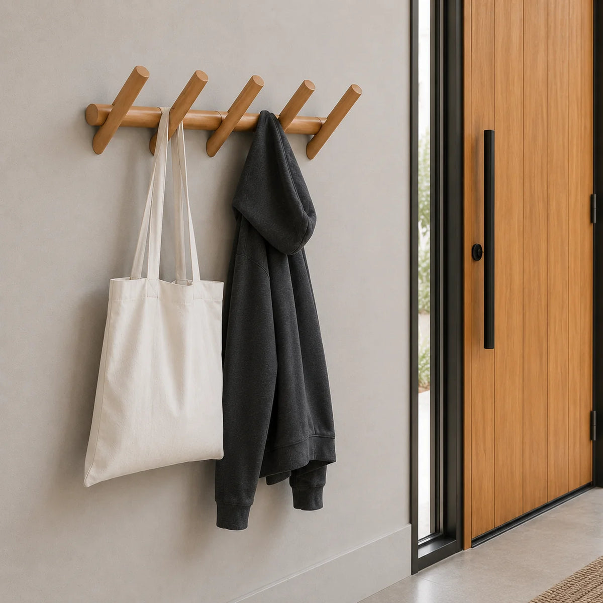 Scandinavian minimalist oak wood wall storage rack with multiple hooks, perfect for organizing keys and small items in a stylish way. 1