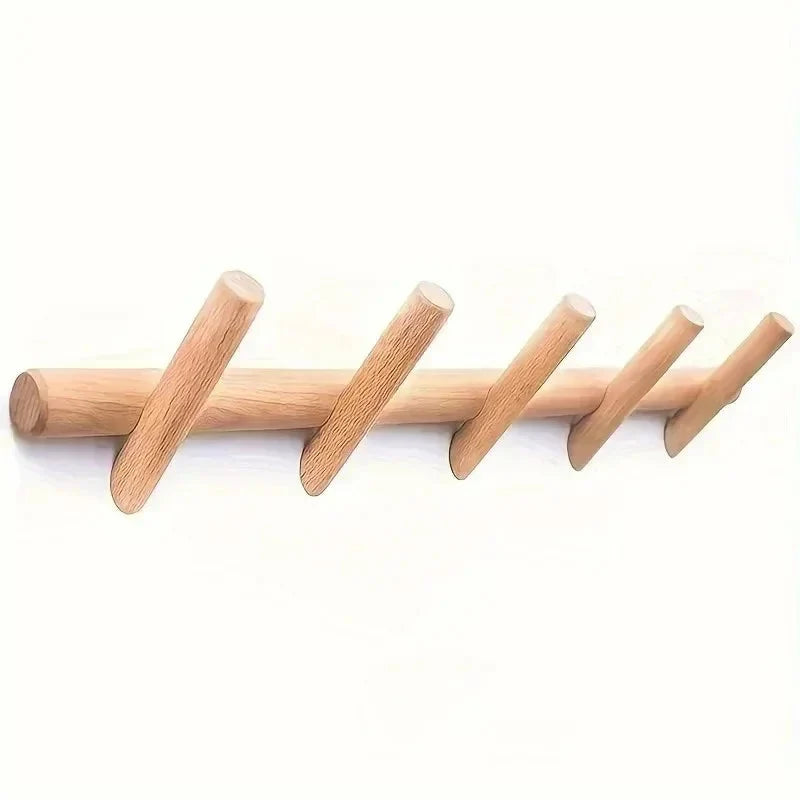 Scandinavian minimalist oak wood wall storage rack with multiple hooks, perfect for organizing keys and small items in a stylish way. 3