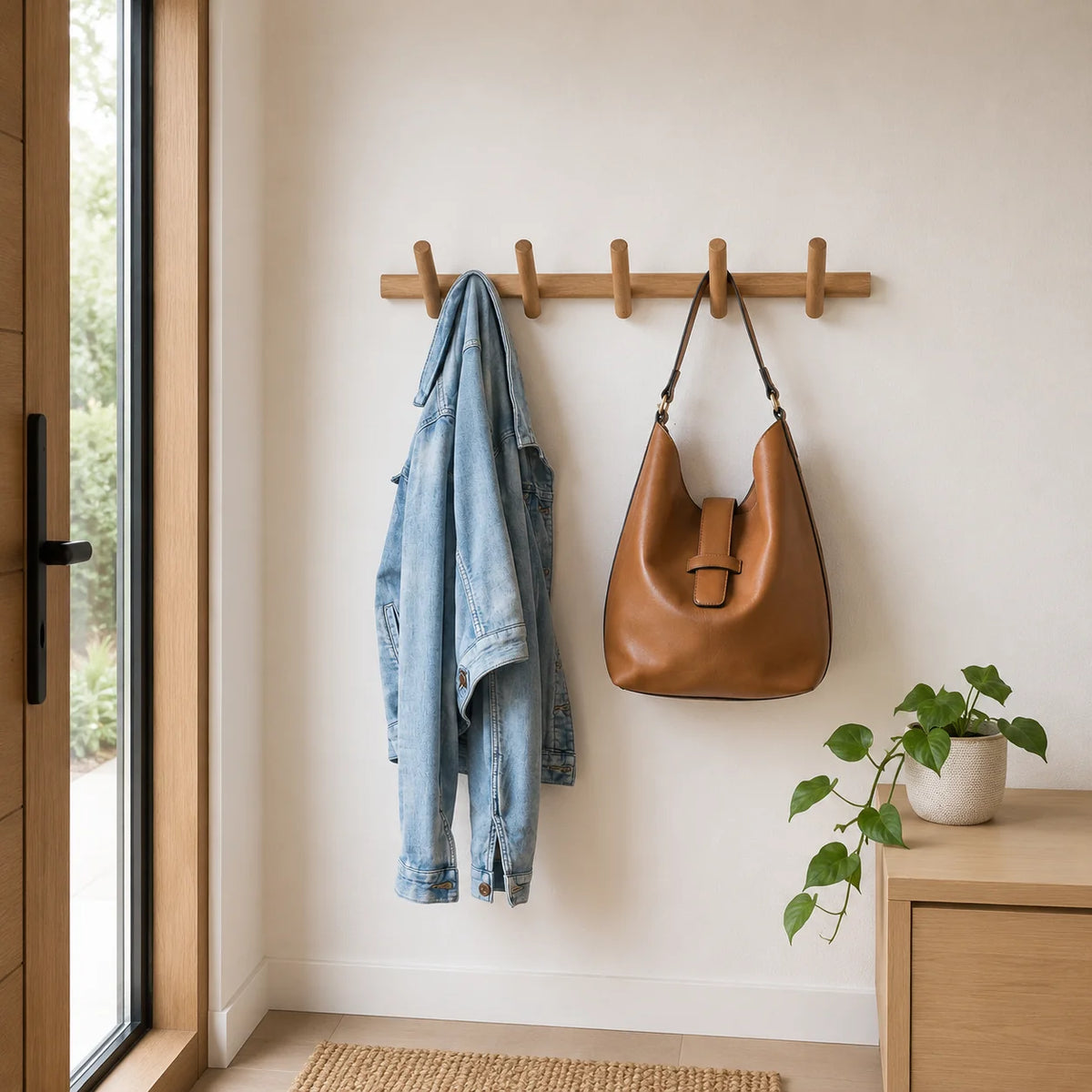 Scandinavian minimalist oak wood wall storage rack with multiple hooks, perfect for organizing keys and small items in a stylish way. 4