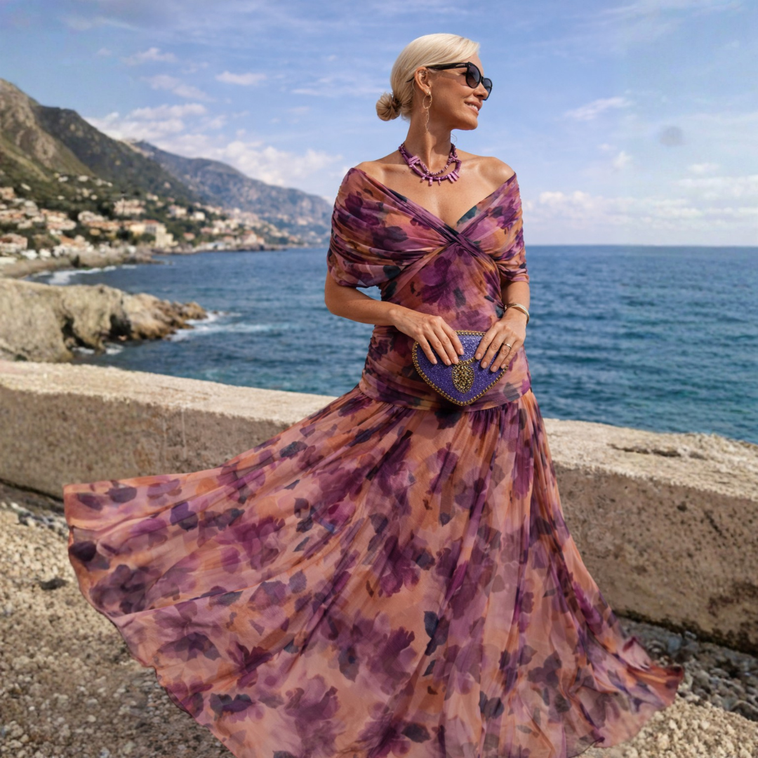 Elegant off-shoulder maxi dress in draped chiffon featuring a flattering mermaid silhouette, perfect for formal occasions, designed for women. 6