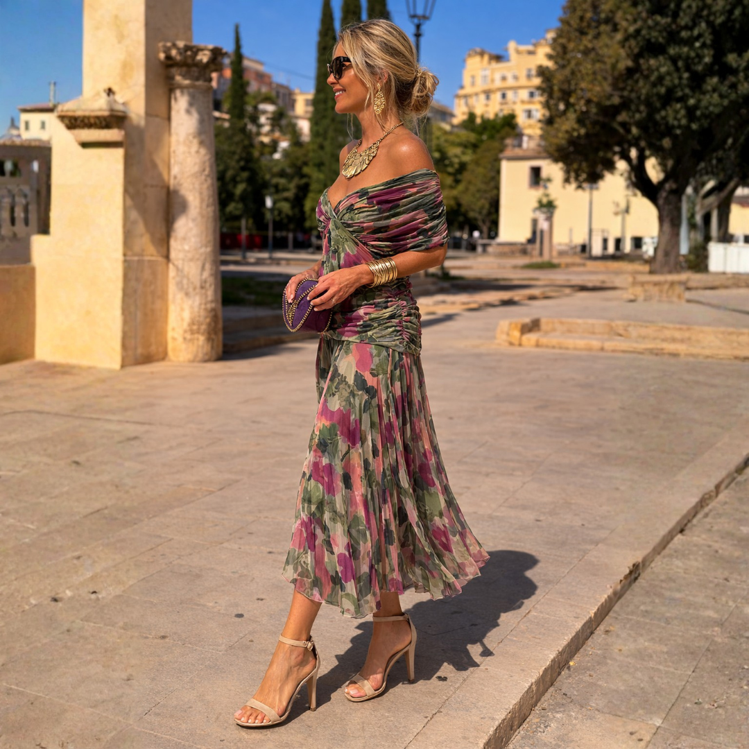 Elegant off-shoulder maxi dress in draped chiffon featuring a flattering mermaid silhouette, perfect for formal occasions, designed for women. 8