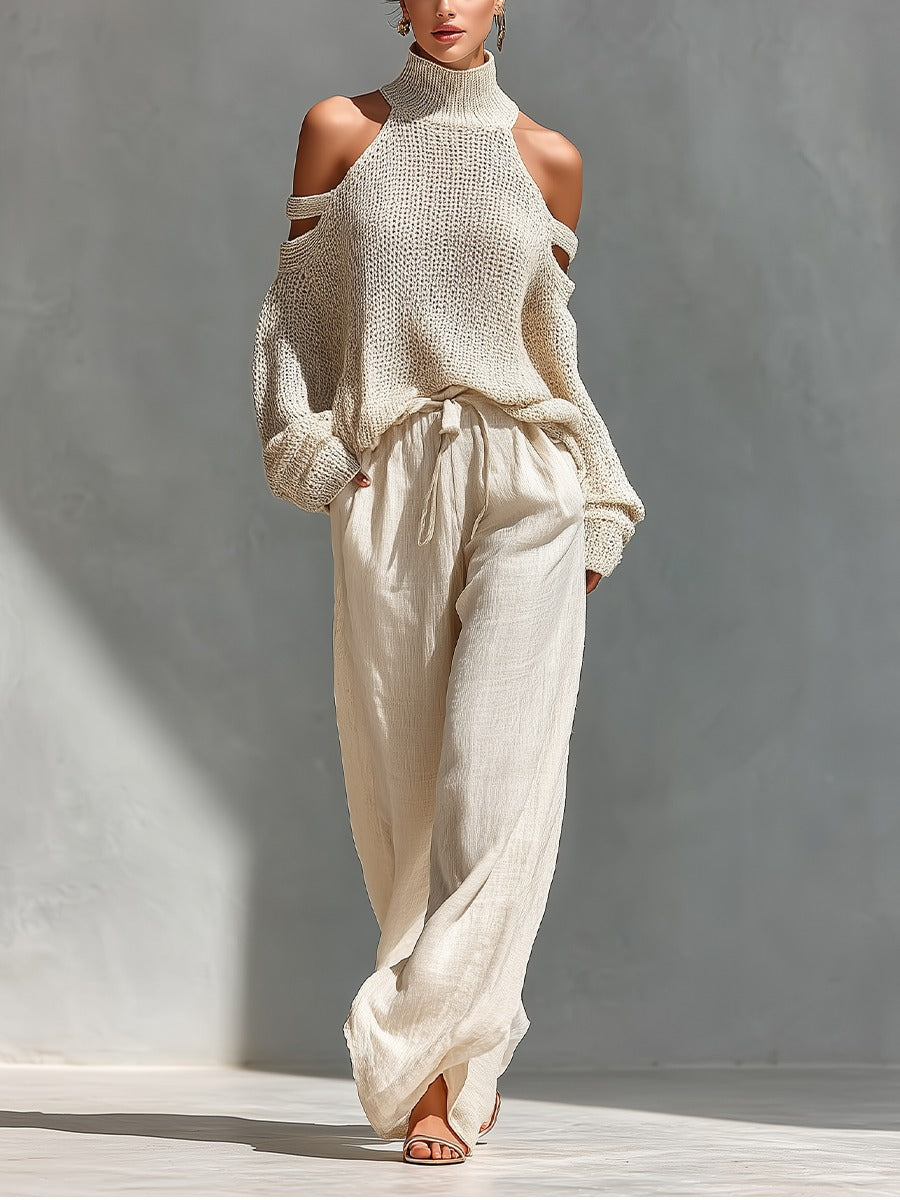 Off-shoulder two-piece set featuring a stylish top and wide-leg trousers, showcasing a modern feminine design perfect for summer outings and casual events. 0