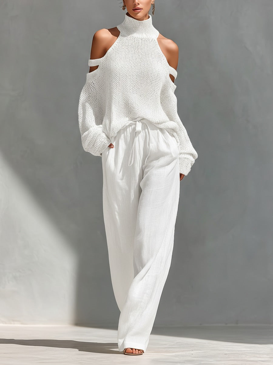 Off-shoulder two-piece set featuring a stylish top and wide-leg trousers, showcasing a modern feminine design perfect for summer outings and casual events. 2