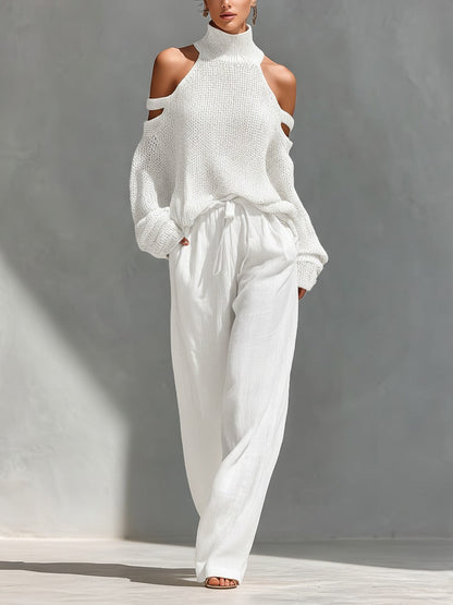 Off-shoulder two-piece set featuring a stylish top and wide-leg trousers, showcasing a modern feminine design perfect for summer outings and casual events. 2