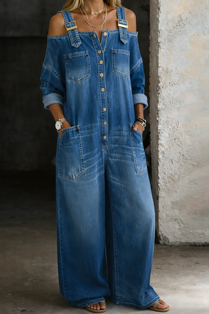 Off shoulder denim jumpsuit for women featuring a square neckline and convenient side pockets, perfect for casual everyday wear. 0