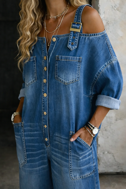 Off shoulder denim jumpsuit for women featuring a square neckline and convenient side pockets, perfect for casual everyday wear. 1