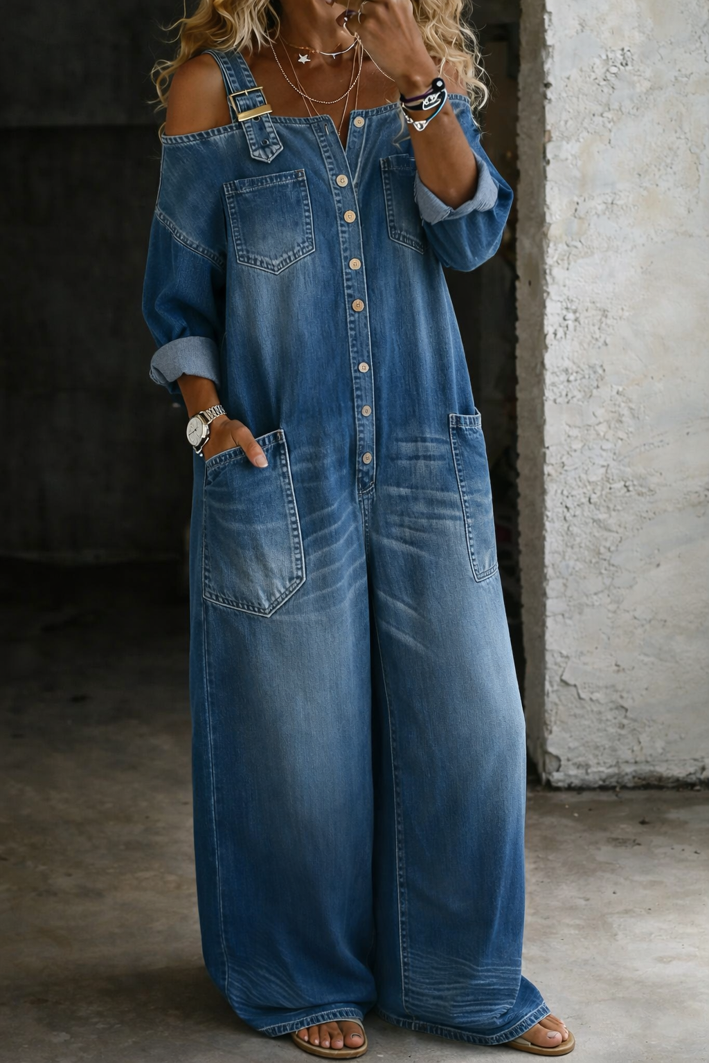 Off shoulder denim jumpsuit for women featuring a square neckline and convenient side pockets, perfect for casual everyday wear. 3
