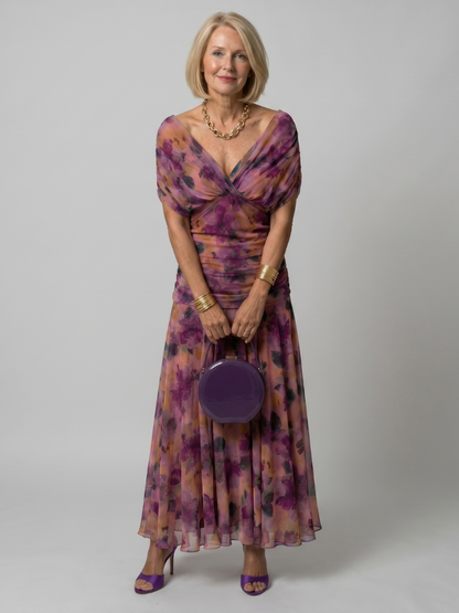 Off shoulder midi dress with draped neckline, perfect lightweight summer attire for wedding guests and cocktail events. 0