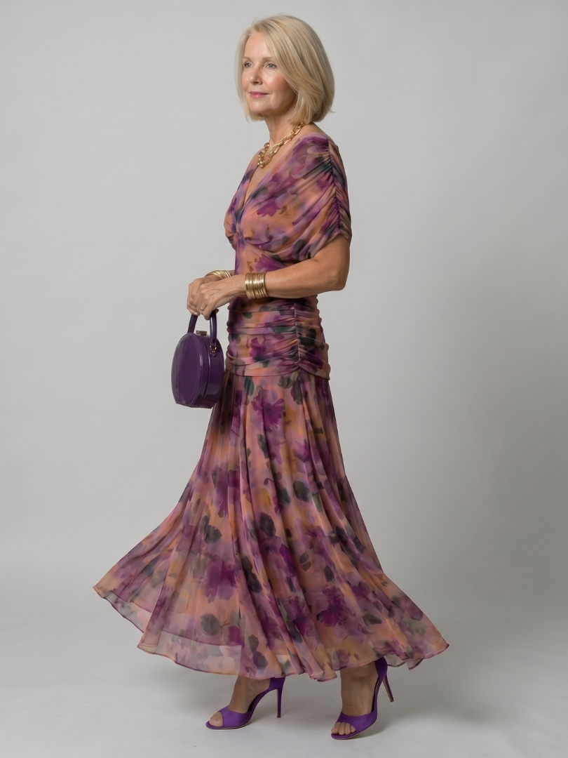Off shoulder midi dress with draped neckline, perfect lightweight summer attire for wedding guests and cocktail events. 1