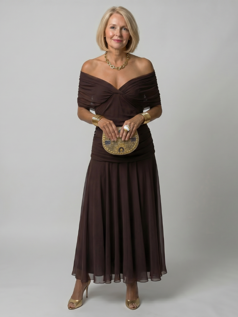 Off shoulder midi dress with draped neckline, perfect lightweight summer attire for wedding guests and cocktail events. 10