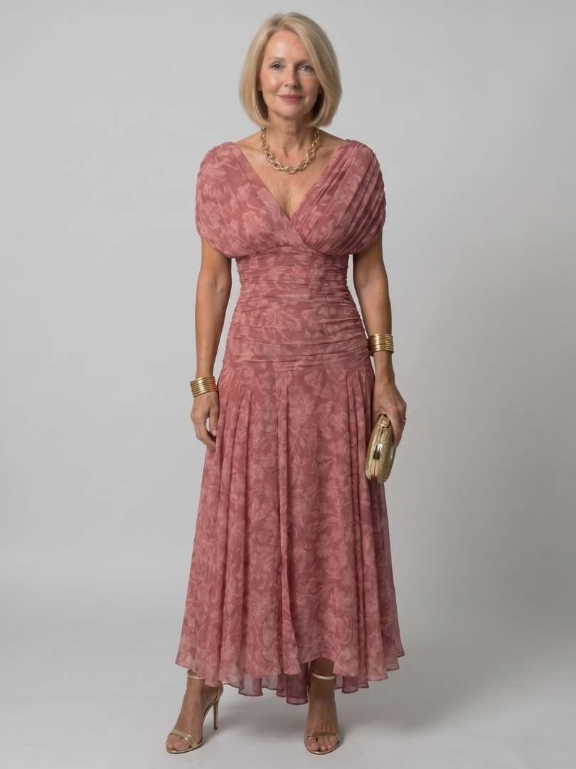 Off shoulder midi dress with draped neckline, perfect lightweight summer attire for wedding guests and cocktail events. 12