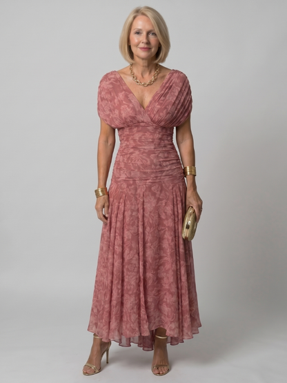 Off shoulder midi dress with draped neckline, perfect lightweight summer attire for wedding guests and cocktail events. 12