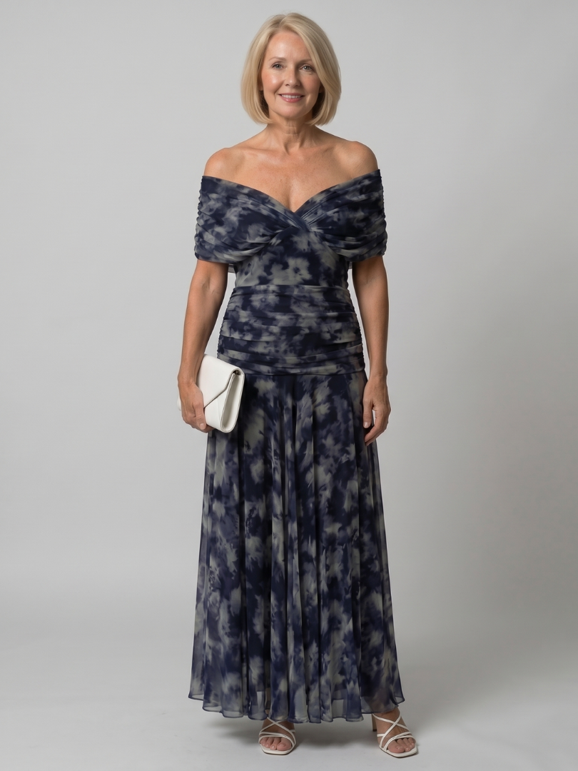 Off shoulder midi dress with draped neckline, perfect lightweight summer attire for wedding guests and cocktail events. 13