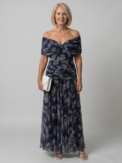 Off shoulder midi dress with draped neckline, perfect lightweight summer attire for wedding guests and cocktail events. 13