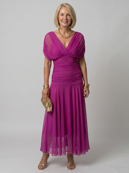 Off shoulder midi dress with draped neckline, perfect lightweight summer attire for wedding guests and cocktail events. 14