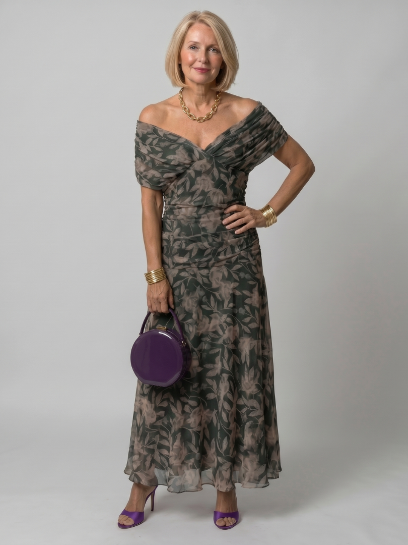 Off shoulder midi dress with draped neckline, perfect lightweight summer attire for wedding guests and cocktail events. 4