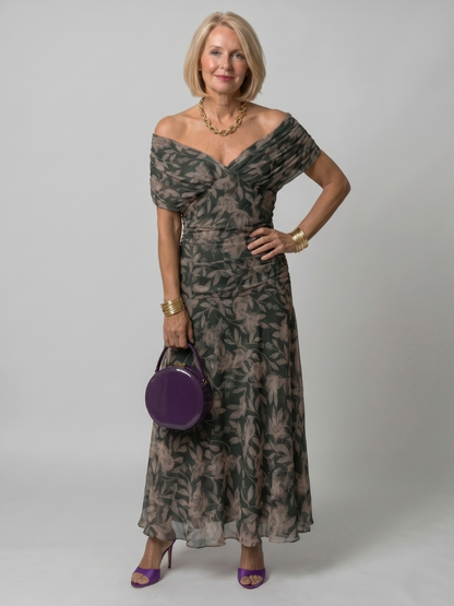 Off shoulder midi dress with draped neckline, perfect lightweight summer attire for wedding guests and cocktail events. 4