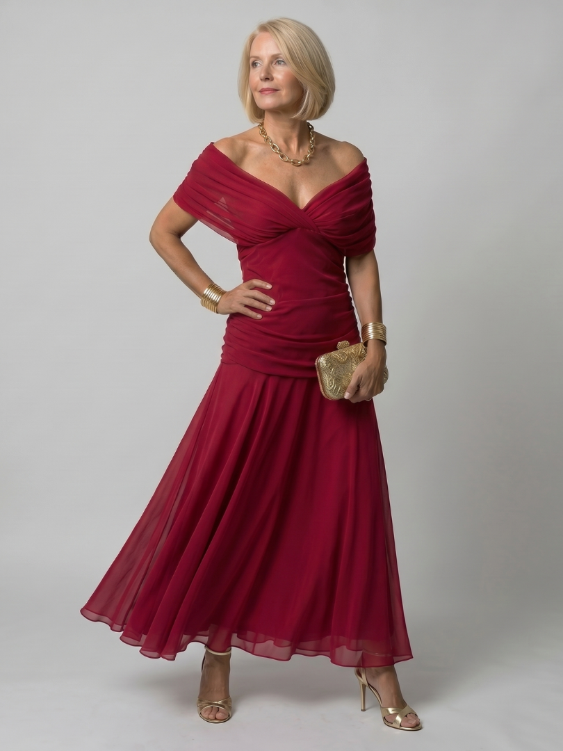 Off shoulder midi dress with draped neckline, perfect lightweight summer attire for wedding guests and cocktail events. 7