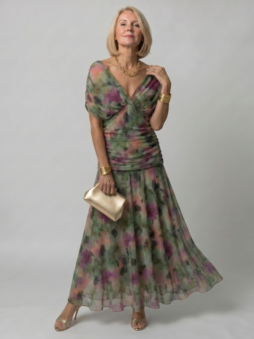 Off shoulder midi dress with draped neckline, perfect lightweight summer attire for wedding guests and cocktail events. 9