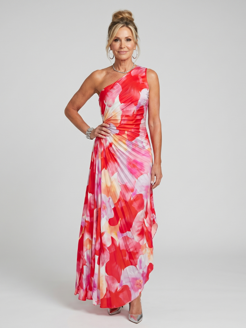 One shoulder midi dress featuring a pleated bodice, designed for a lightweight fluid fit, perfect for both casual and formal occasions. 0
