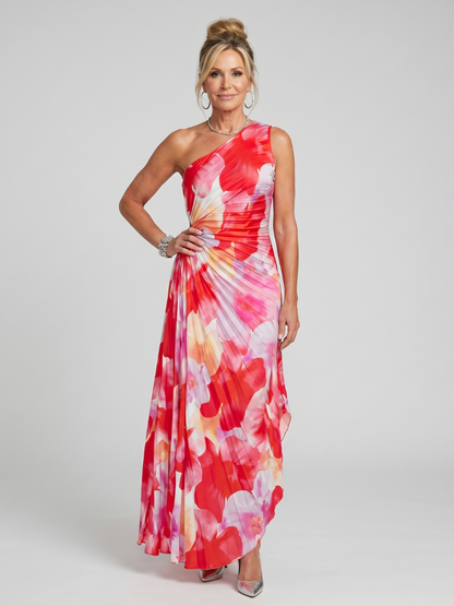 One shoulder midi dress featuring a pleated bodice, designed for a lightweight fluid fit, perfect for both casual and formal occasions. 0