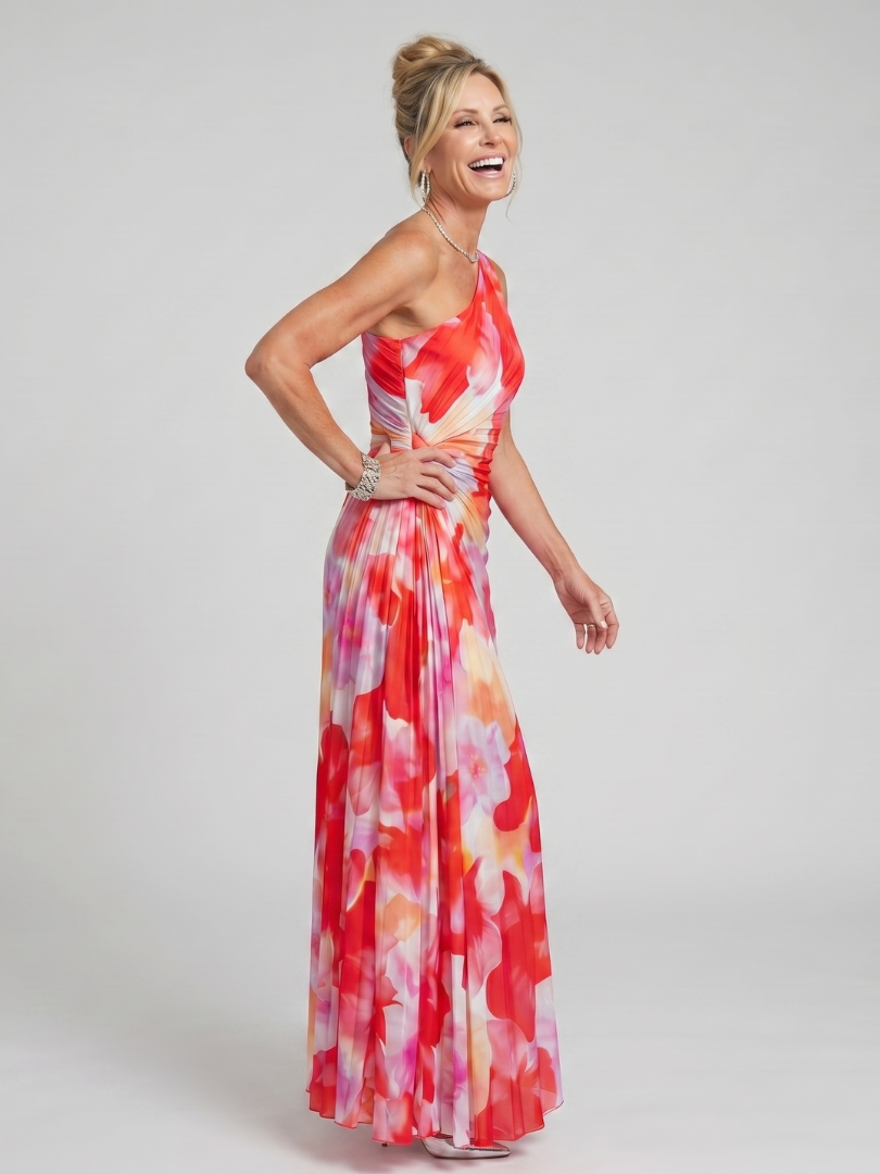One shoulder midi dress featuring a pleated bodice, designed for a lightweight fluid fit, perfect for both casual and formal occasions. 1