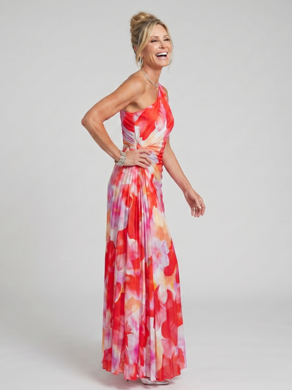 One shoulder midi dress featuring a pleated bodice, designed for a lightweight fluid fit, perfect for both casual and formal occasions. 1