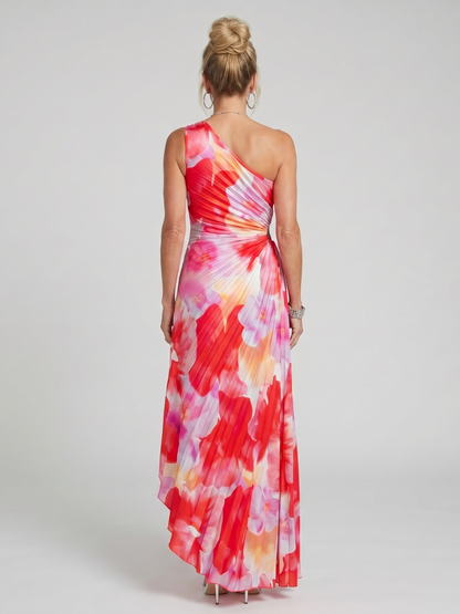 One shoulder midi dress featuring a pleated bodice, designed for a lightweight fluid fit, perfect for both casual and formal occasions. 3