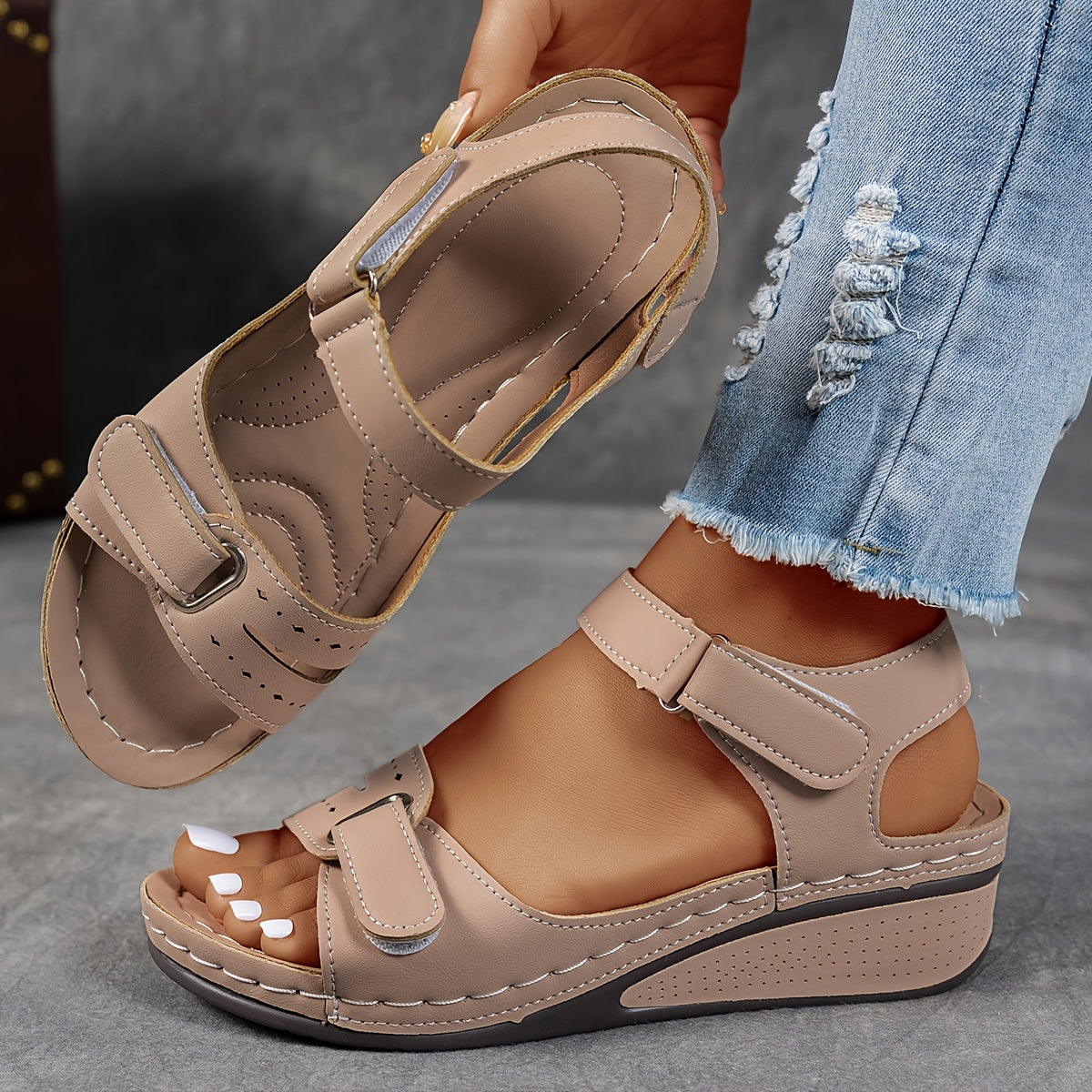 Orthopedic wedge sandals for women featuring cushioned support, adjustable fit, and a lightweight breathable design for all-day comfort. 2