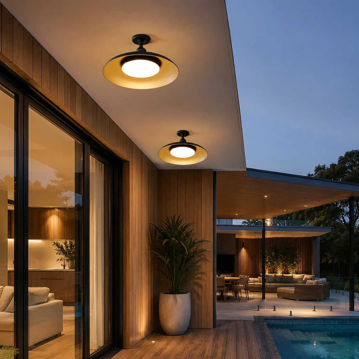 Outdoor ceiling light featuring a semi-flush mount design, crafted from weather-resistant carbonised steel, showcasing a sleek and modern aesthetic perfect for enhancing outdoor spaces 0