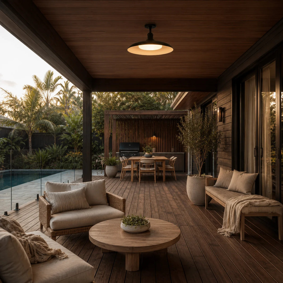 Outdoor ceiling light featuring a semi-flush mount design, crafted from weather-resistant carbonised steel, showcasing a sleek and modern aesthetic perfect for enhancing outdoor spaces 2