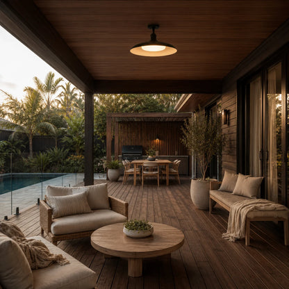 Outdoor ceiling light featuring a semi-flush mount design, crafted from weather-resistant carbonised steel, showcasing a sleek and modern aesthetic perfect for enhancing outdoor spaces 2